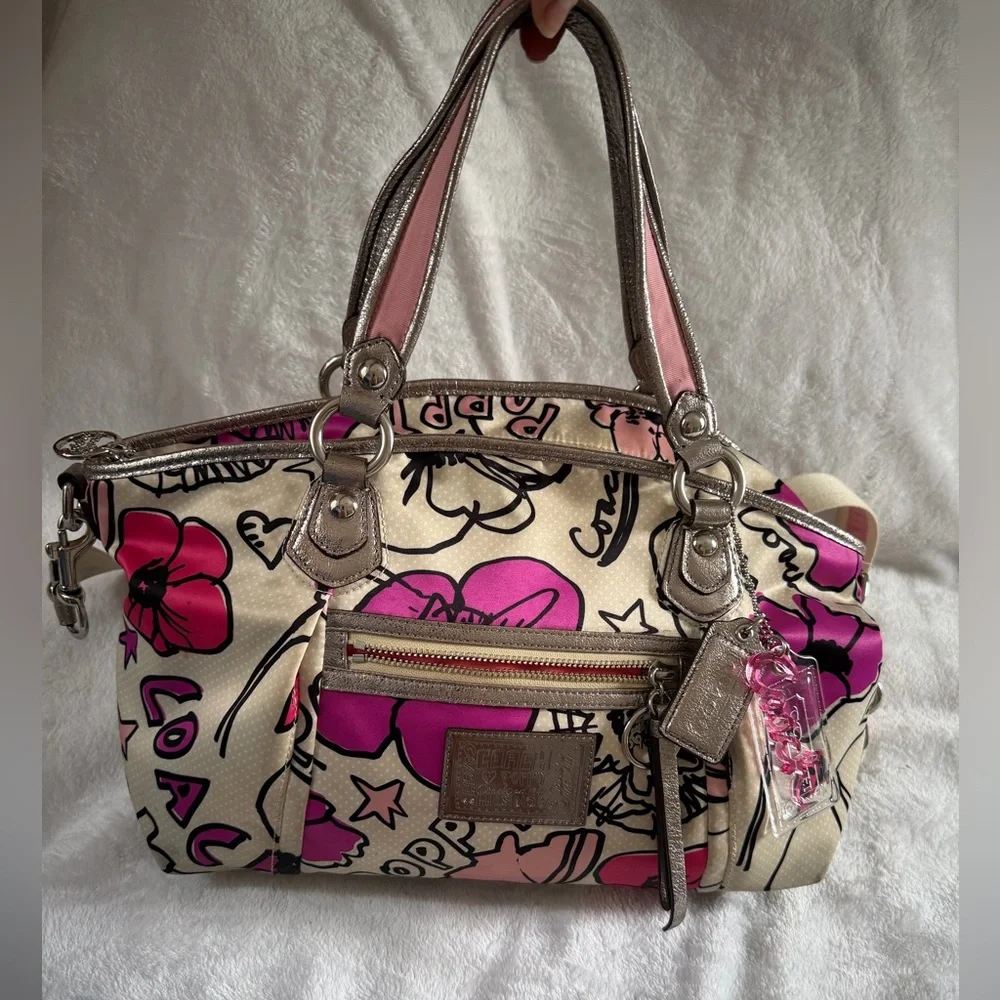 Coach Poppy Petal Print Lurex Rocker Hand Bag Crossbody Bag Strap #16308 EUC - Picture 2 of 11
